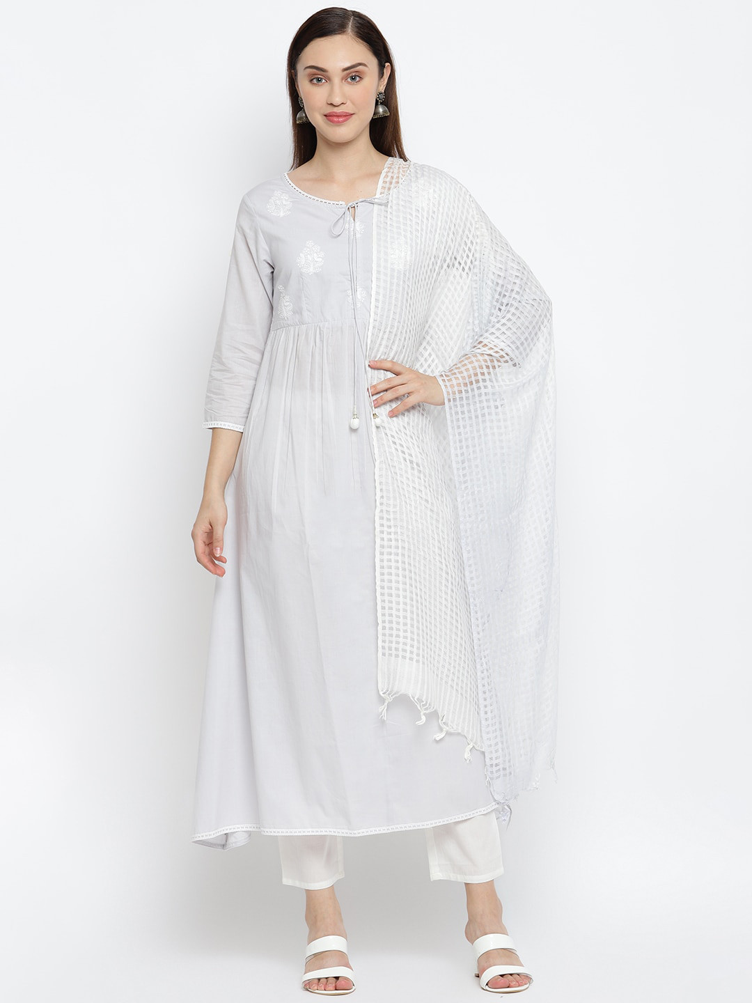 

IMARA Women Grey Ethnic Motifs Printed Regular Pure Cotton Kurti with Trousers & With Dupatta