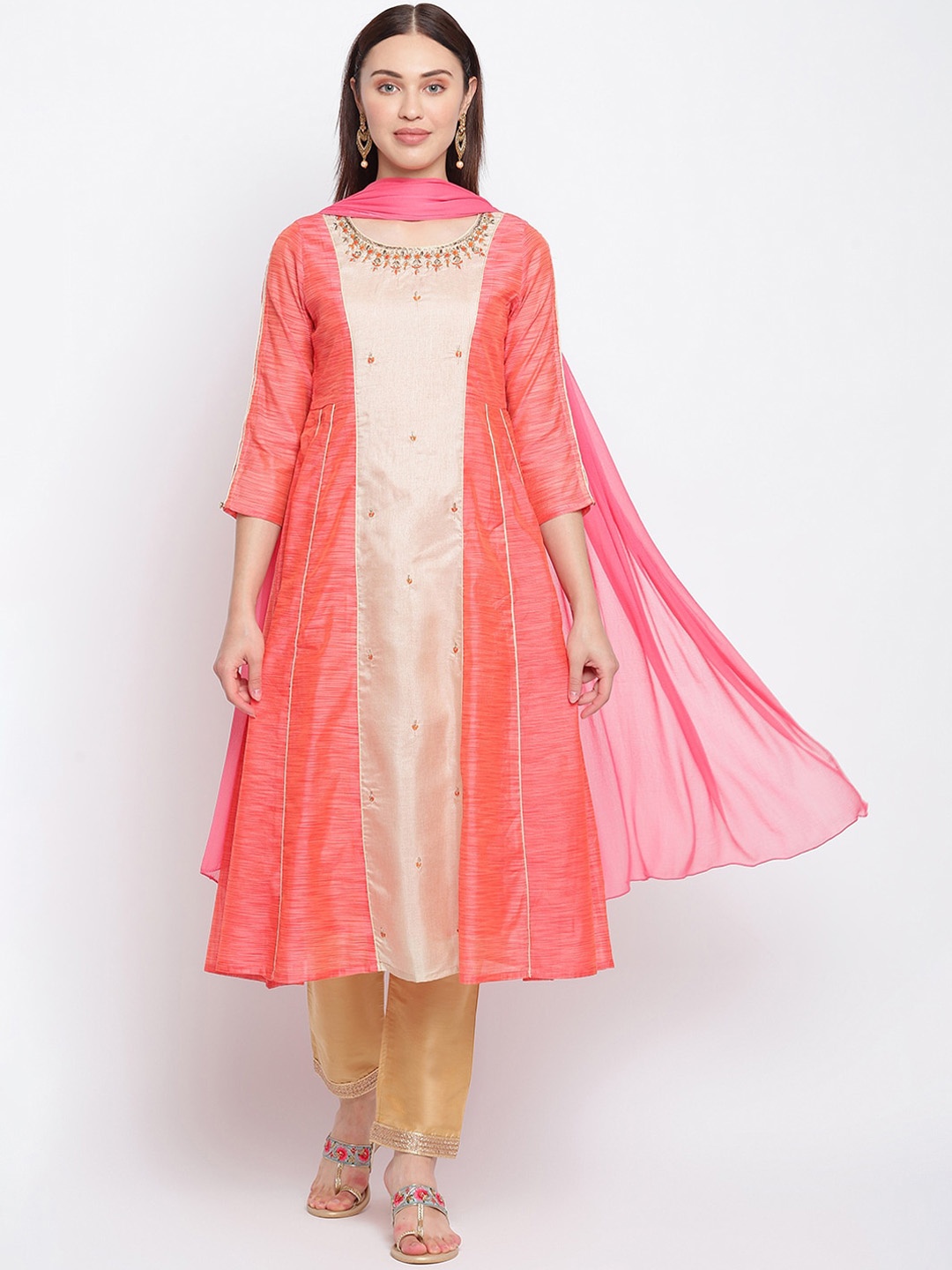

IMARA Women Peach-Coloured Ethnic Motifs Embroidered Panelled Kurta with Trousers & With Dupatta