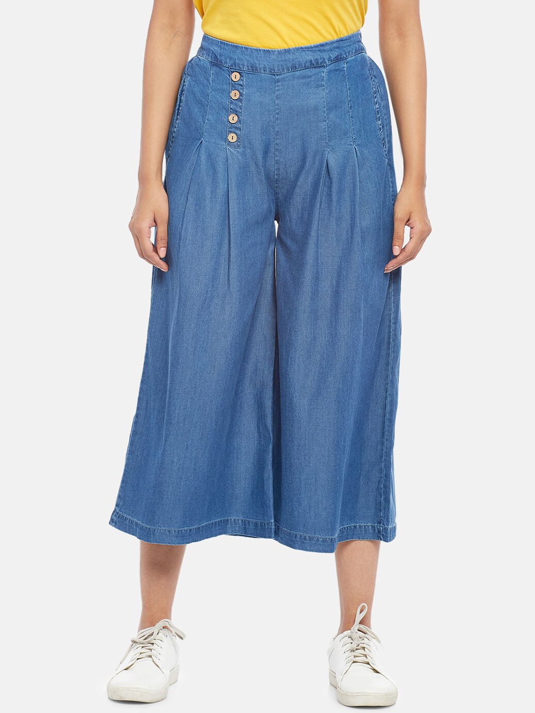 

People Women Blue Flared High-Rise Pleated Culottes Trousers