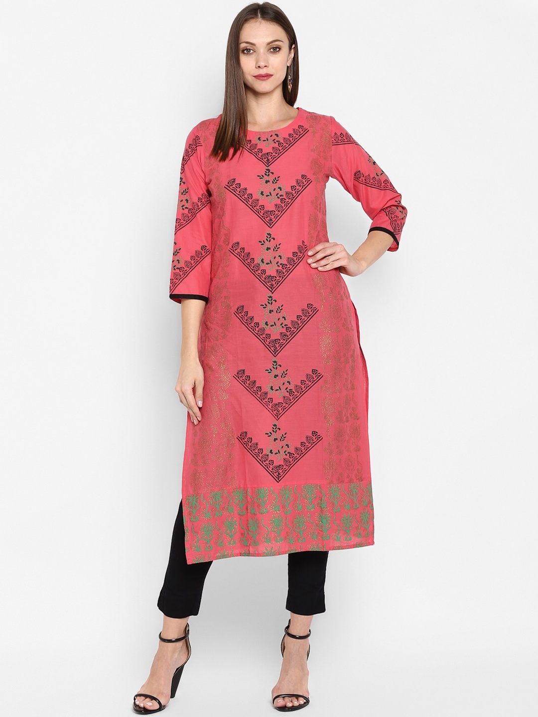 

ZOEYAMS Women Coral & Black Ethnic Motifs Printed Pure Cotton Kurta