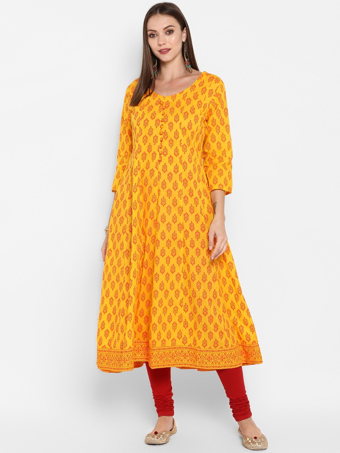 

ZOEYAMS Women Yellow Cotton Block Print Anarkali Kurta