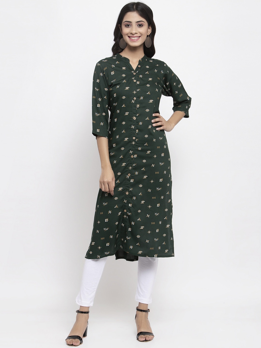 

NEUDIS Women Olive Green Geometric Printed Kurta