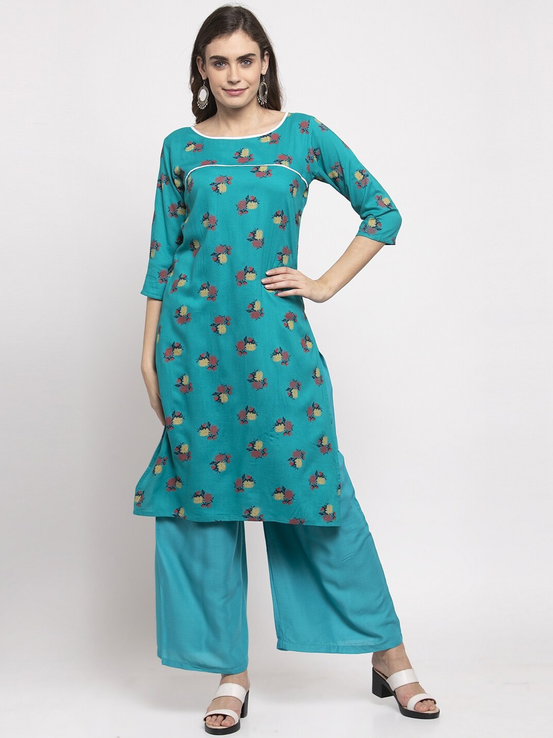 

NEUDIS Women Teal Floral Printed Handloom Kurta