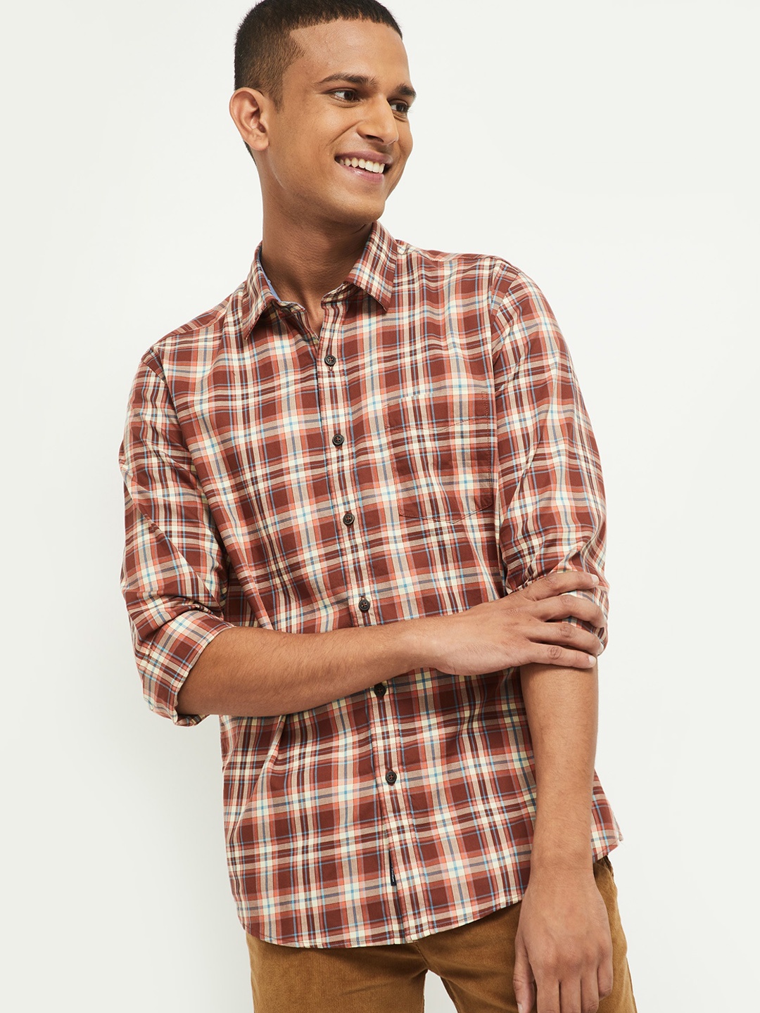 

max Men Brown Tartan Checks Opaque Cotton Casual Shirt