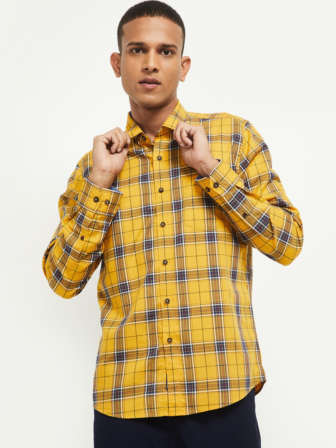 

max Men Mustard Tartan Checks Opaque Checked Casual Shirt