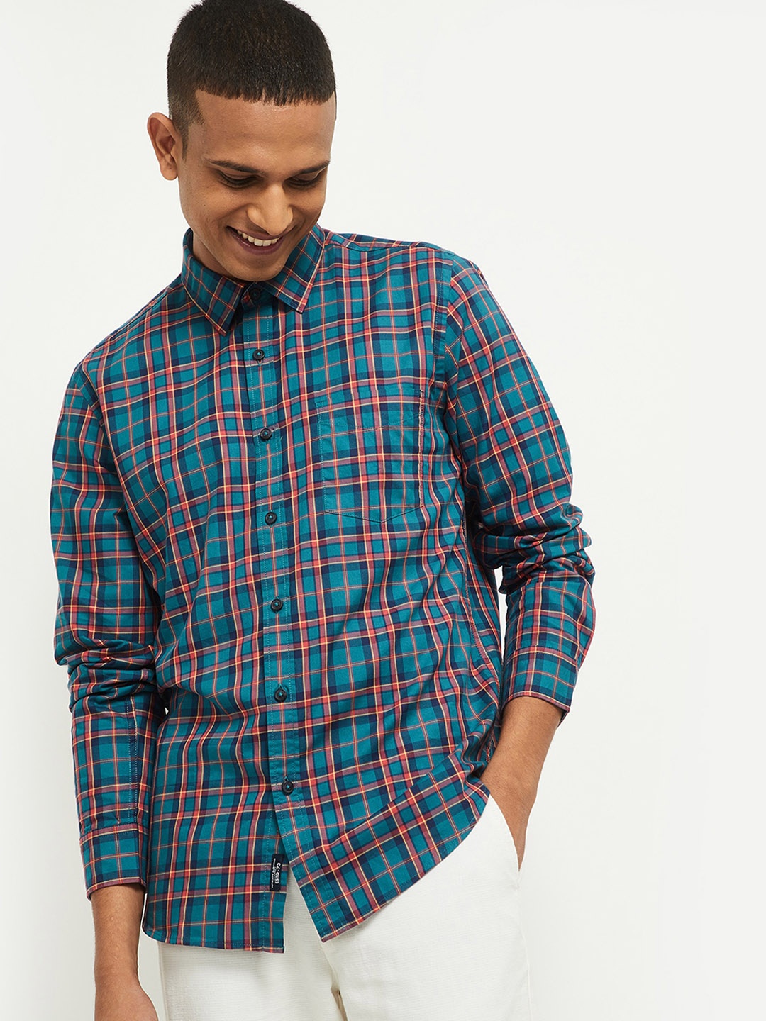 

Max Men Teal Tartan Checked Casual Shirt