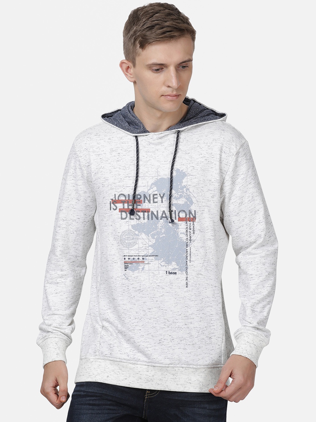 

t-base Men Off White Printed Hooded Sweatshirt