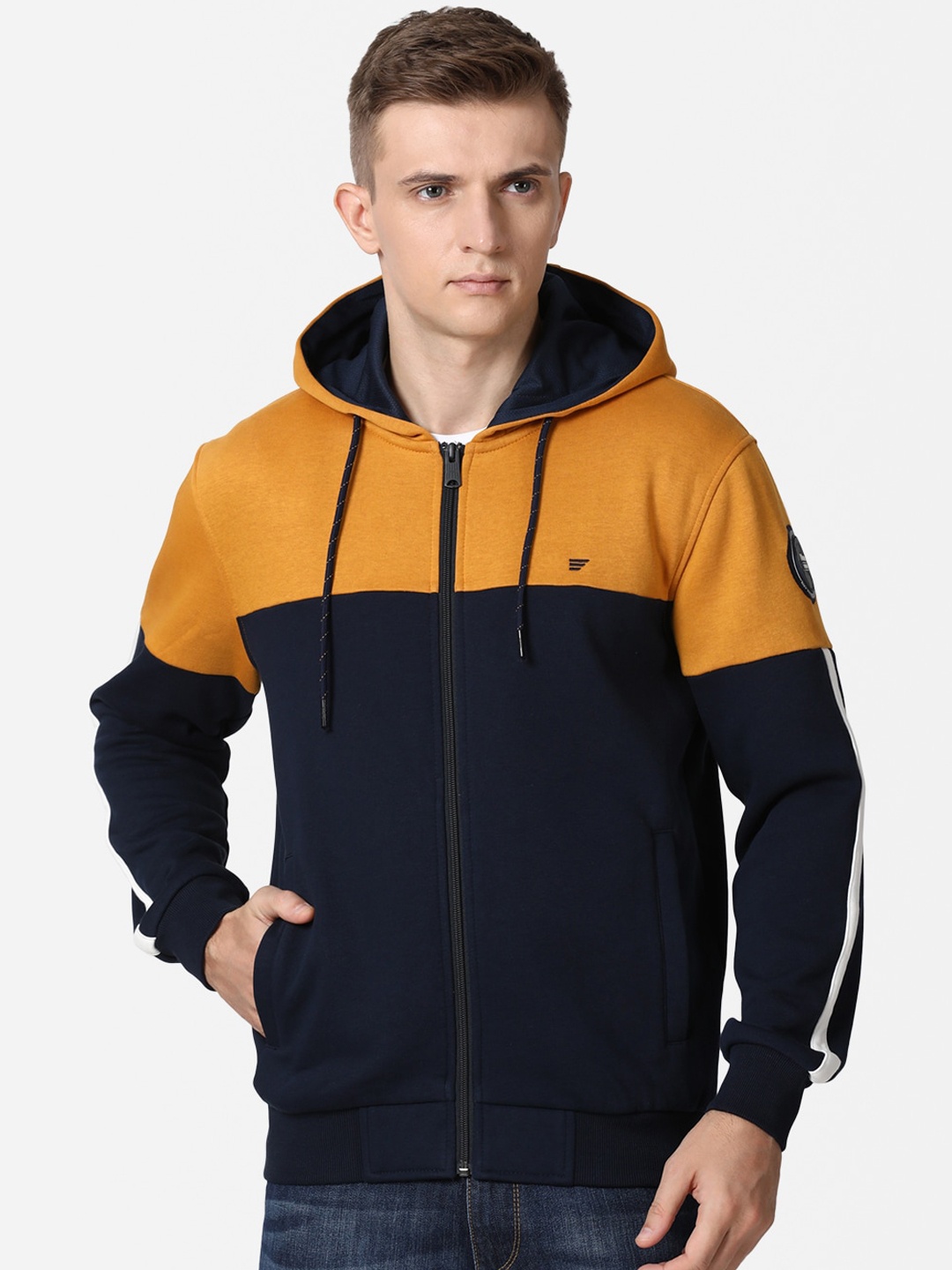 

T-base Men Yellow Colourblocked Hooded Sweatshirt