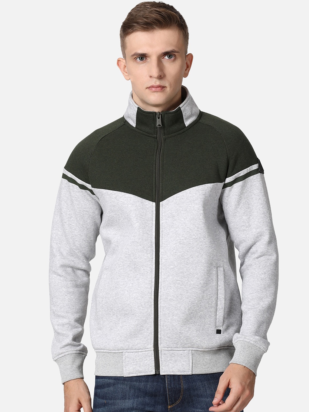 

t-base Men Olive Green & Grey Colourblocked Sweatshirt