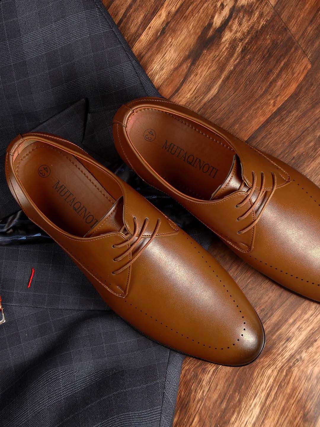 

MUTAQINOTI Men Tan-Brown Solid Formal Derbys