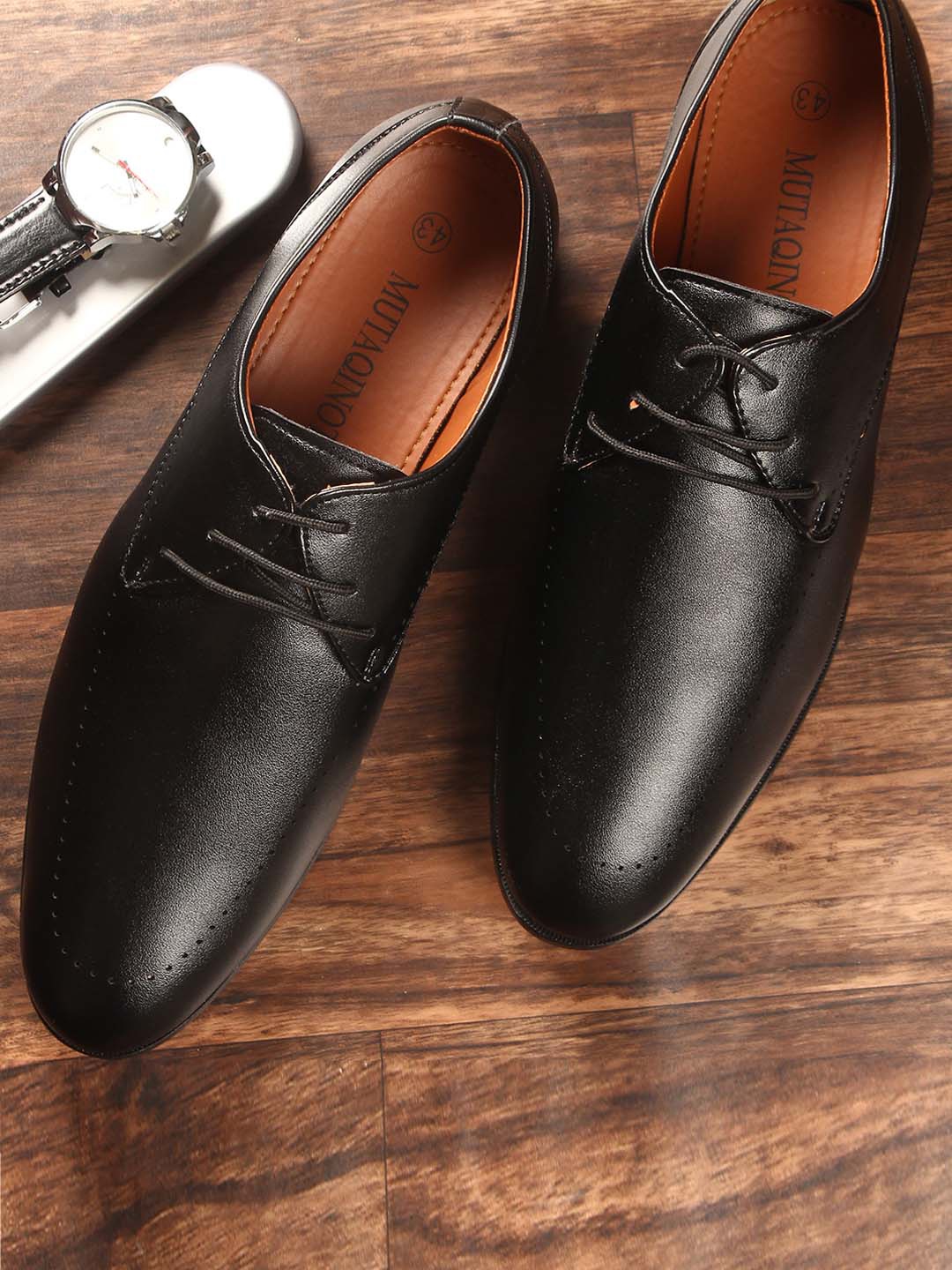 

MUTAQINOTI Men Black Solid Formal Derbys