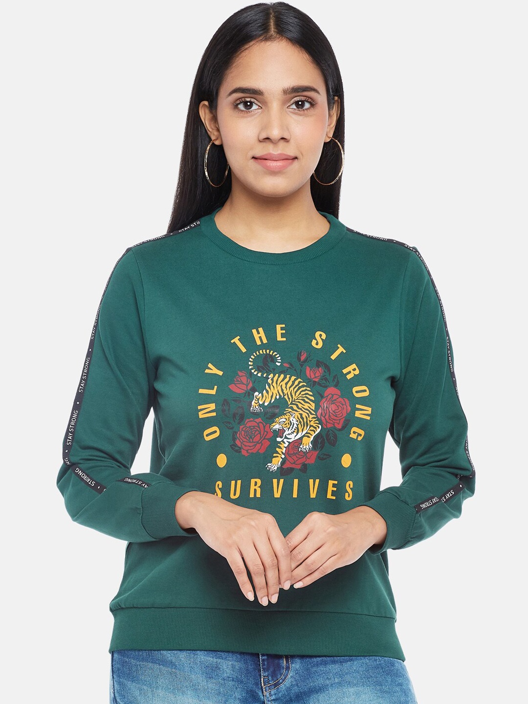 

People Women Green & Yellow Graphic Printed Pullover Sweatshirt