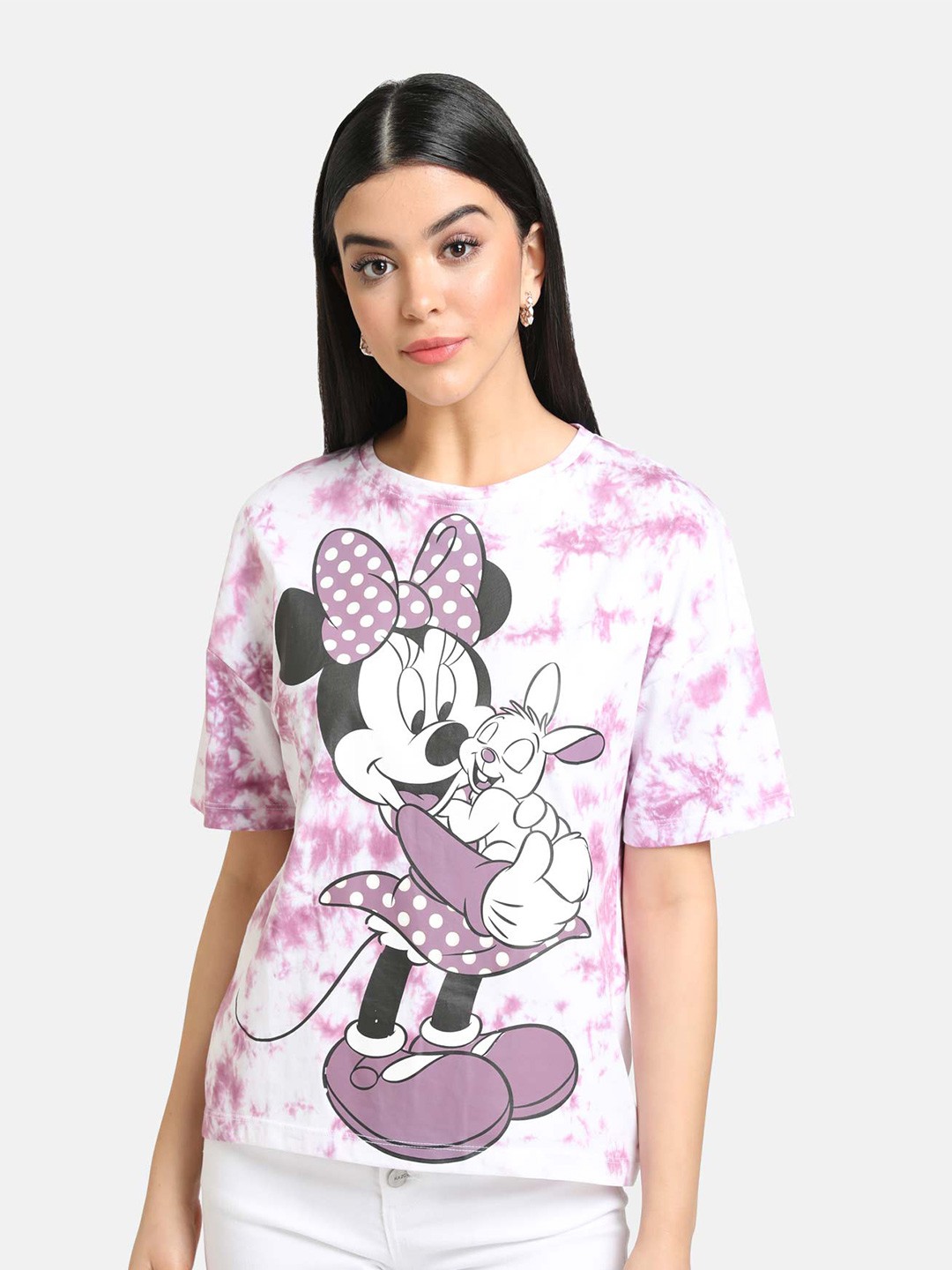 

Kazo Women White & Purple Minnie Mouse Cotton Printed T-shirt