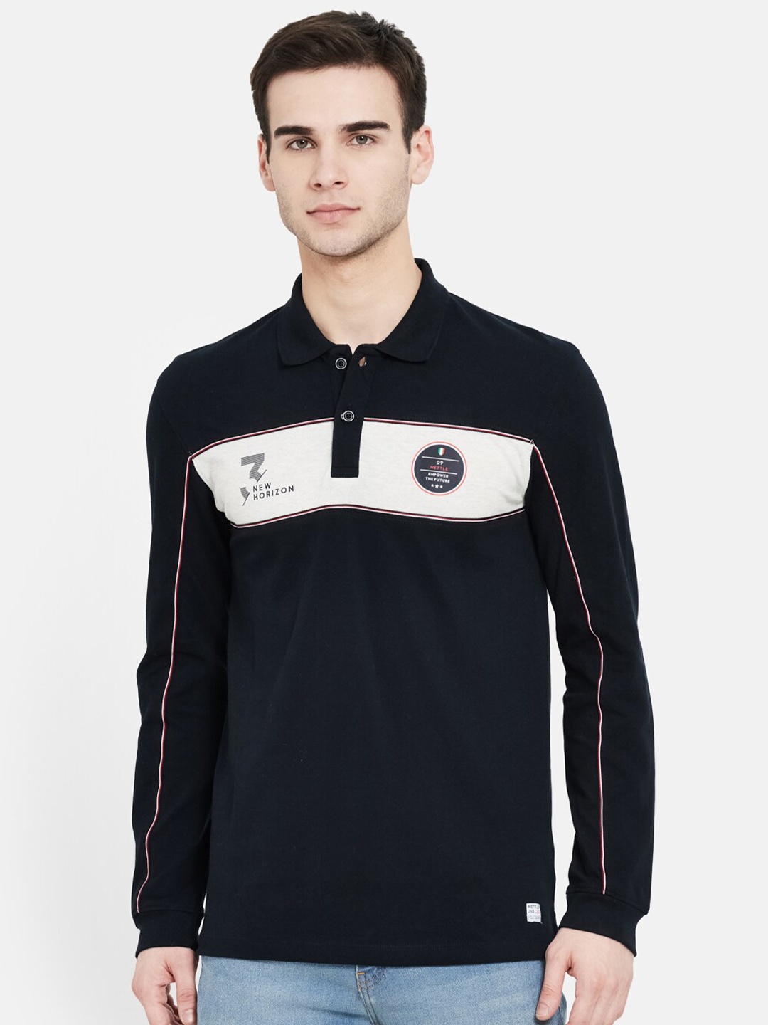 

METTLE Men Navy Blue Printed Polo Collar Cotton T-shirt