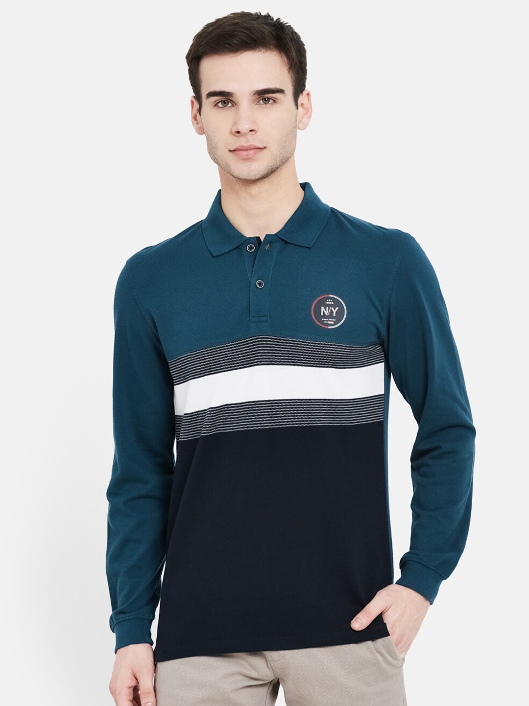 

METTLE Men Teal Blue & Black Colourblocked Cotton Polo Collar T-shirt