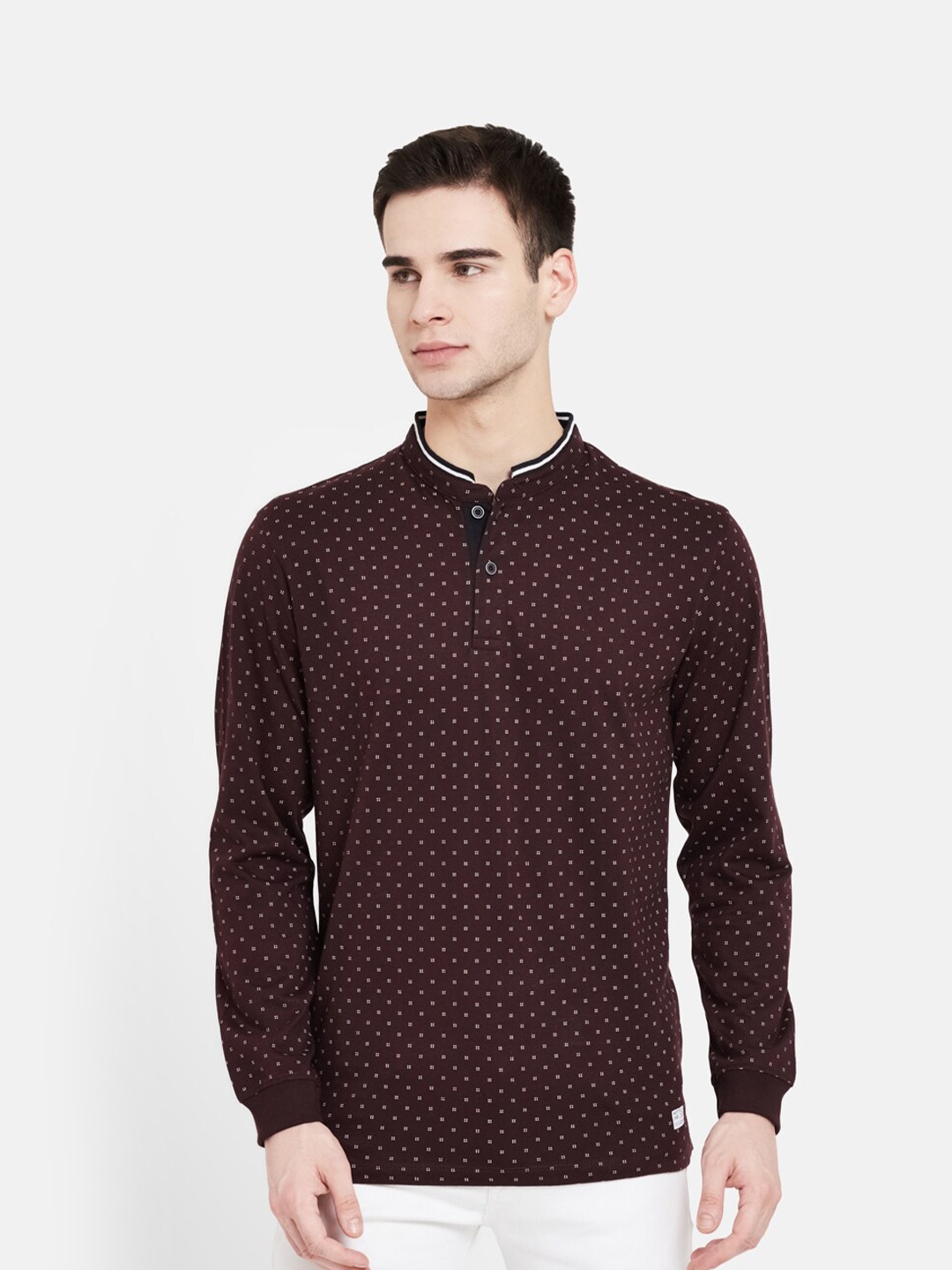 

METTLE Men Maroon Printed Henley Neck Cotton T-shirt