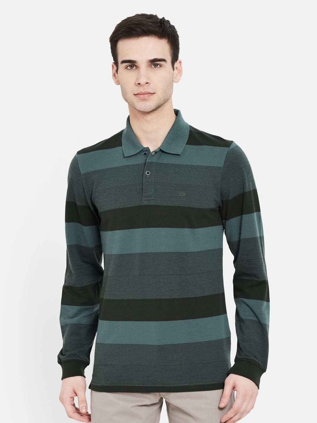 

METTLE Men Olive Green Striped Polo Collar T-shirt