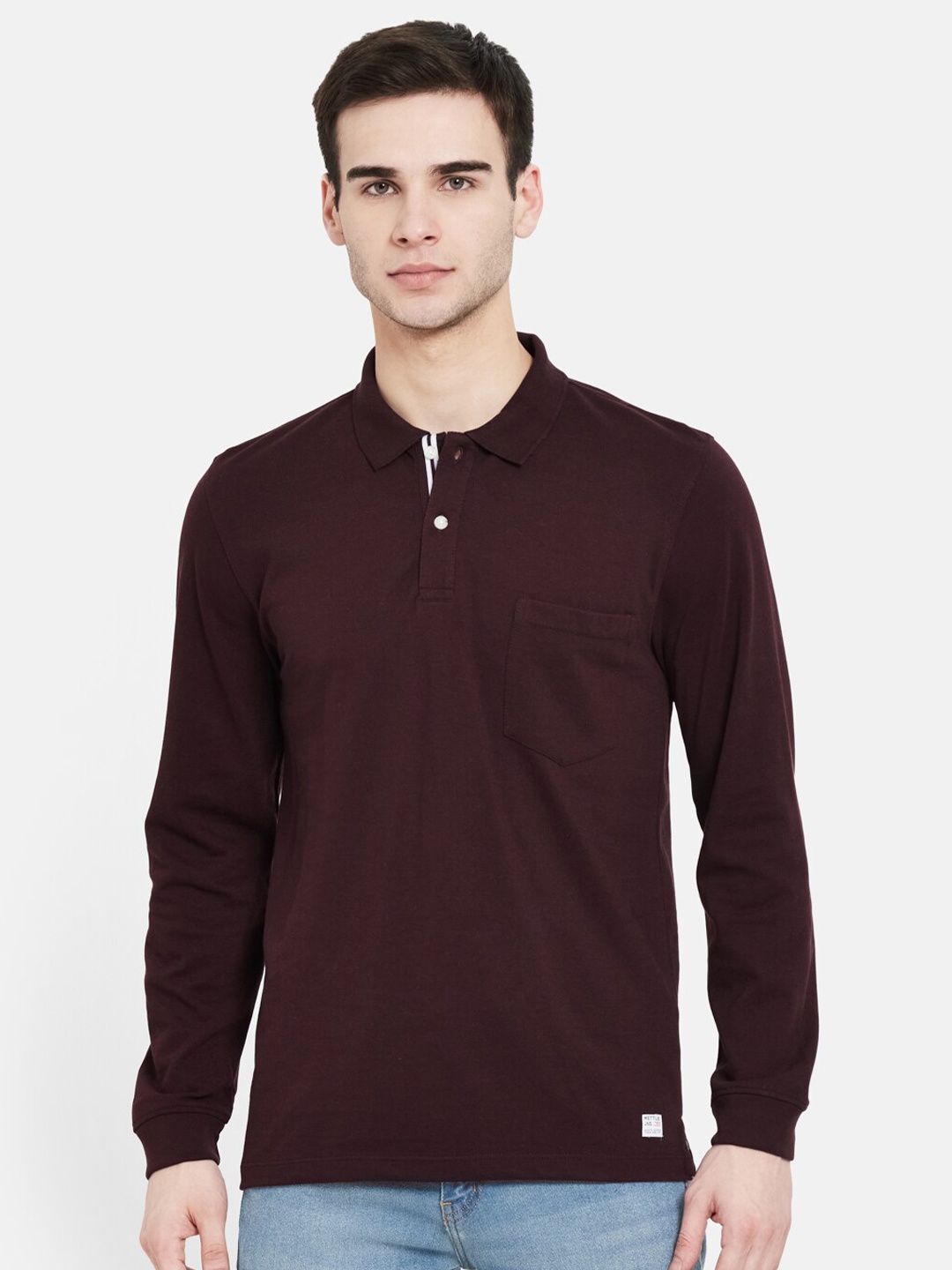 

METTLE Men Maroon Polo Collar Pockets Cotton T-shirt
