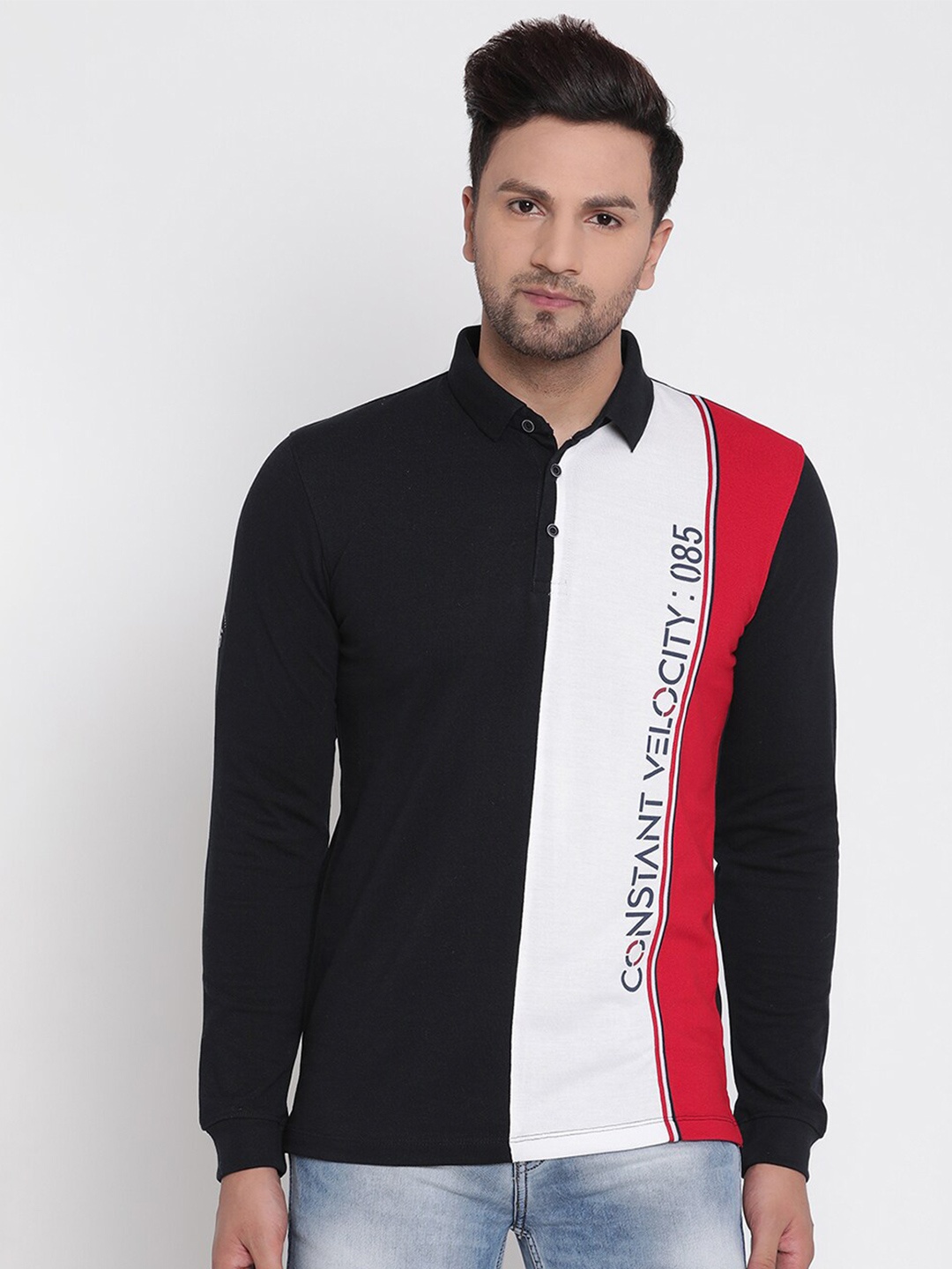 

METTLE Men Navy Blue Colourblocked Polo Collar T-shirt