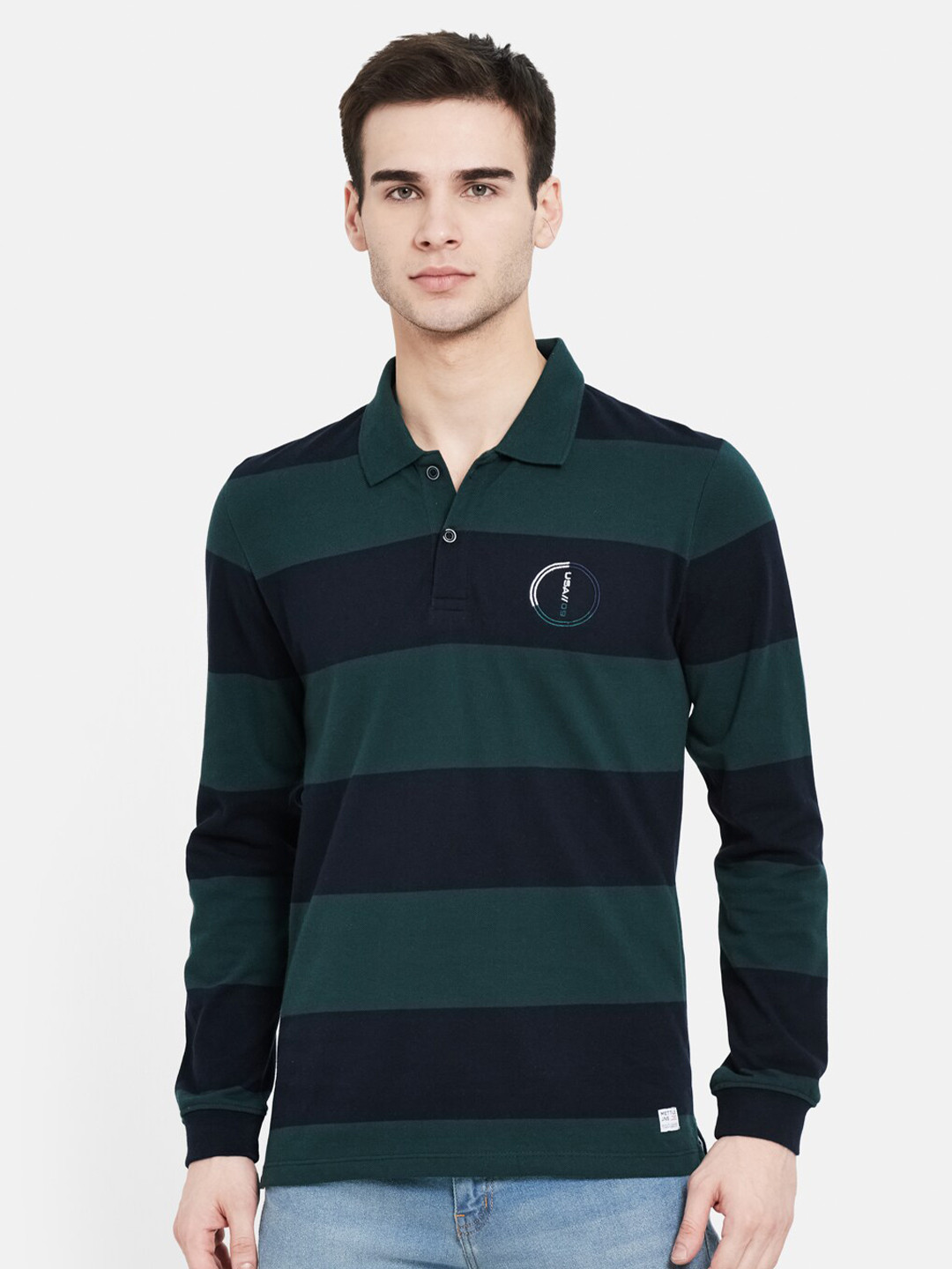 

METTLE Men Green & Navy Blue Striped Polo Collar Cotton T-shirt