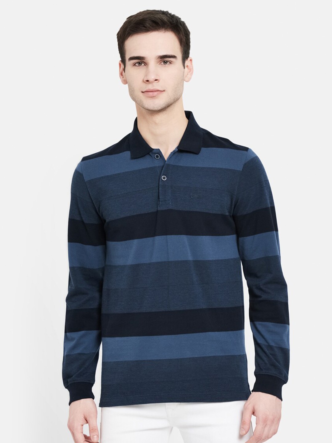 

METTLE Men Navy Blue Striped Cotton Polo Collar T-shirt