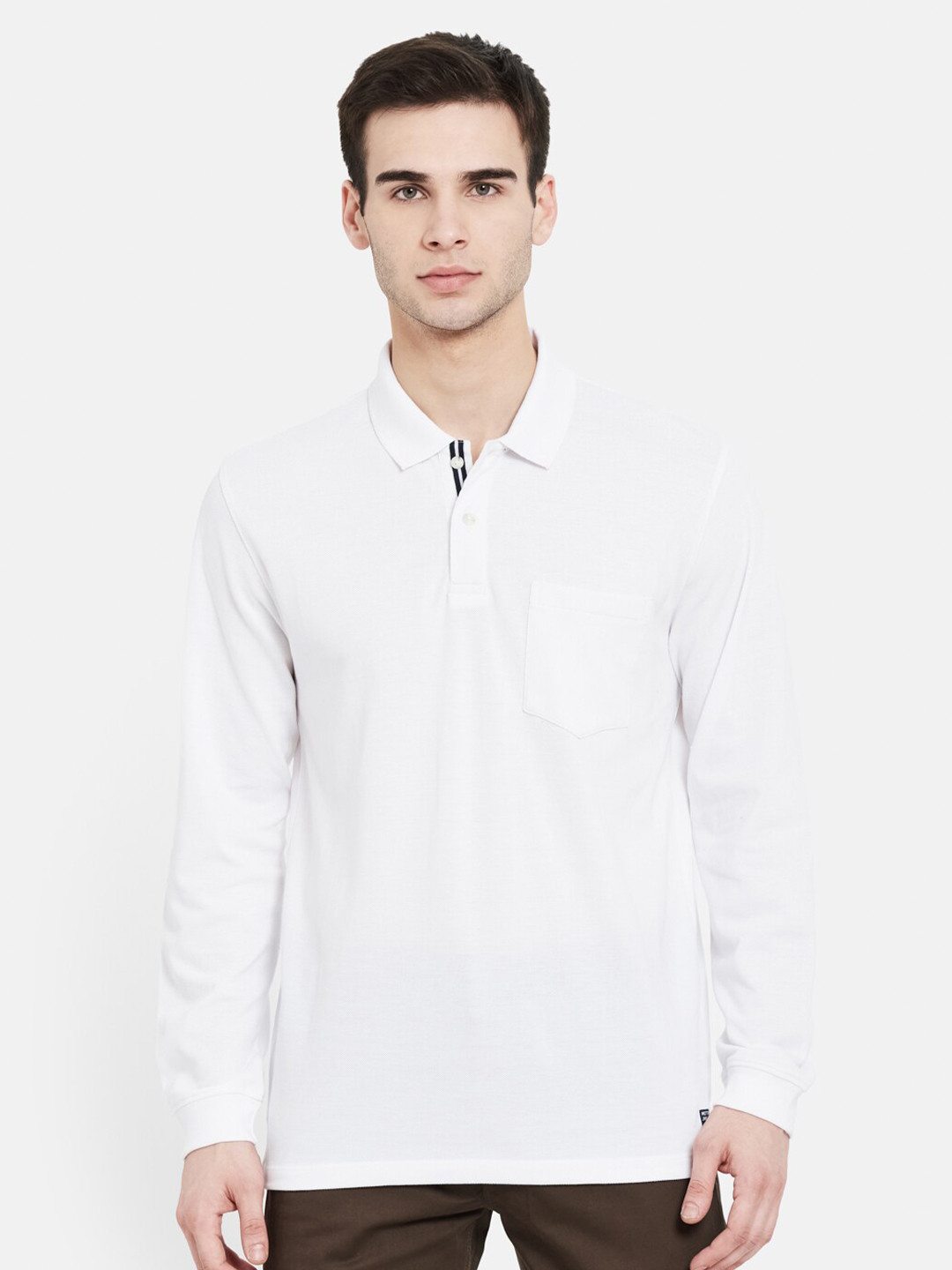

METTLE Men White Polo Collar Cotton T-shirt