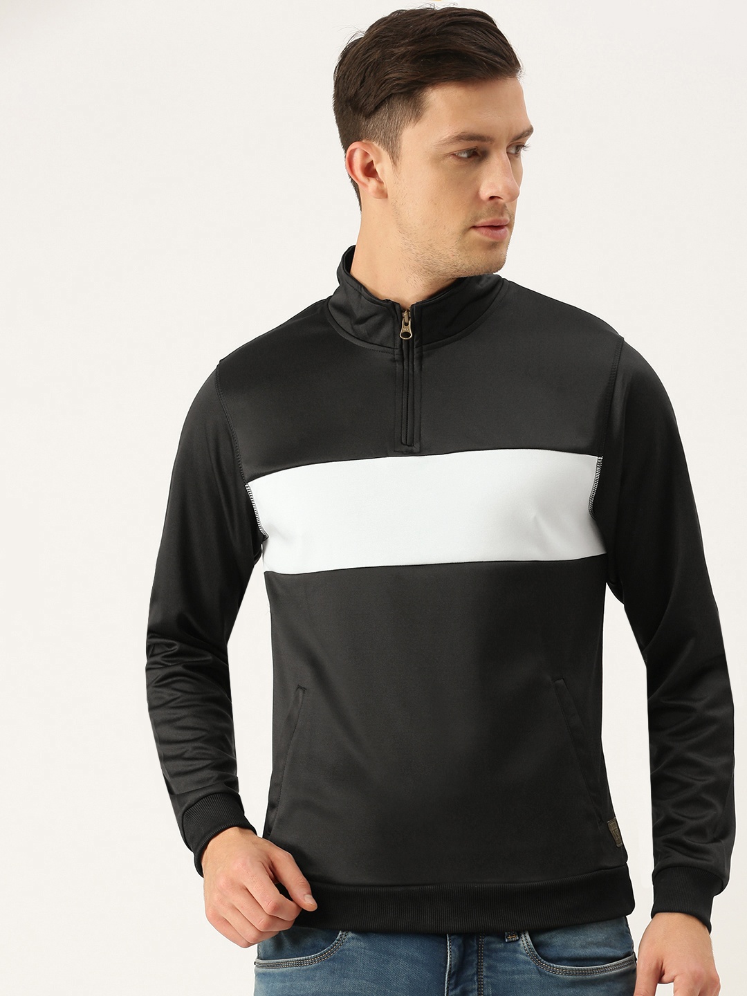 

Flying Machine Men Black Colourblocked Mock-Collar Pullover Sweatshirt