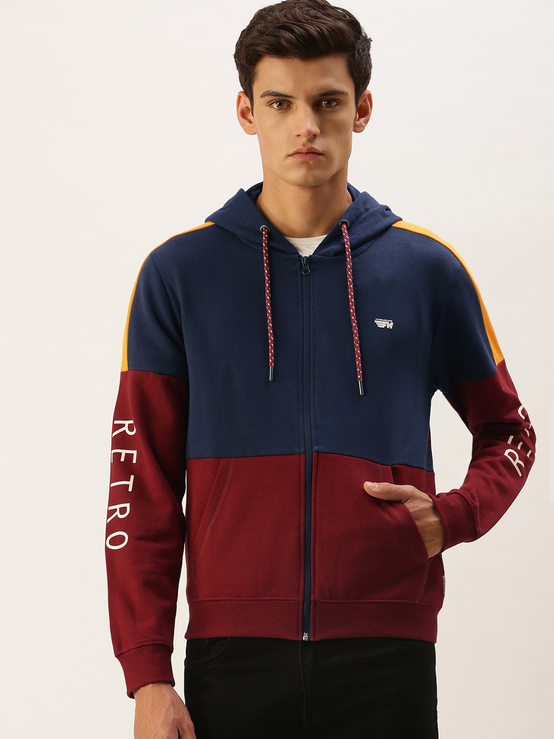 

Flying Machine Men Maroon & Navy Blue Colourblocked Hooded Sweatshirt