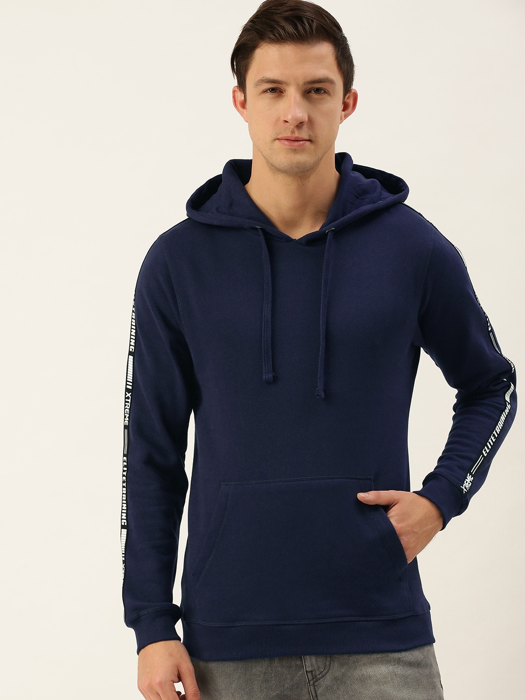 Flying Machine Men Navy Blue Typographic Printed Hooded Sweatshirt