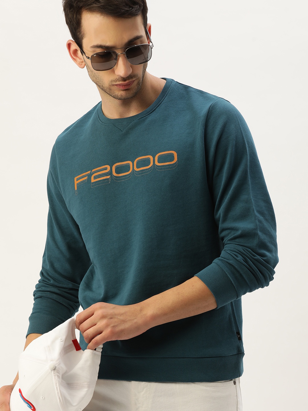 

Flying Machine Men Teal Blue Printed Pure Cotton Sweatshirt