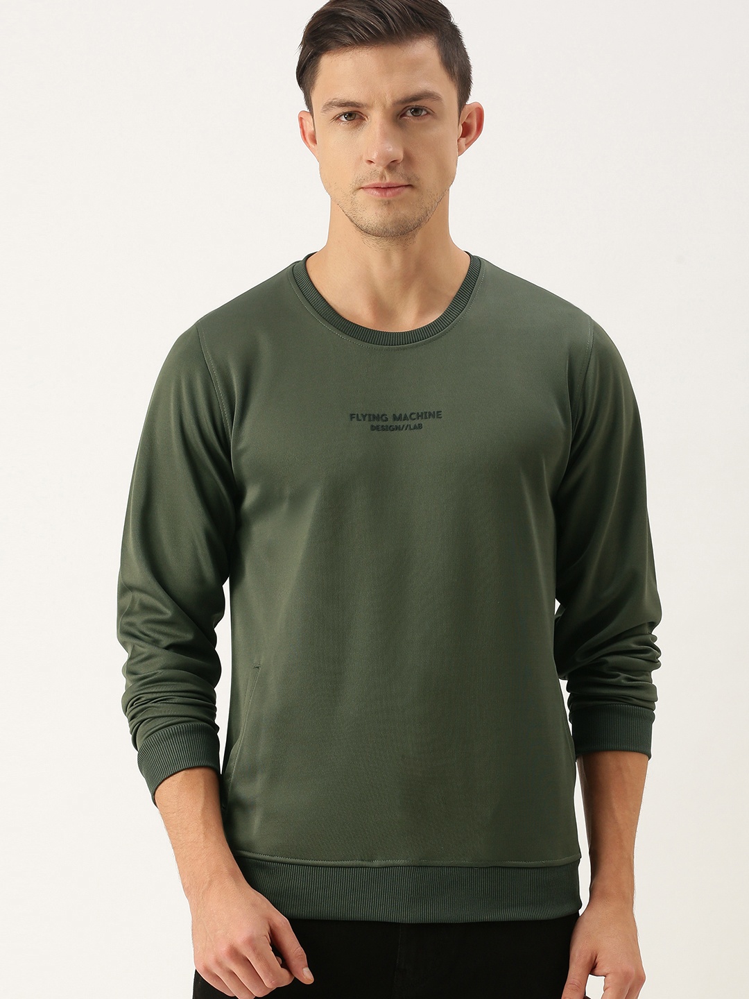 

Flying Machine Men Olive Green Solid Sweatshirt