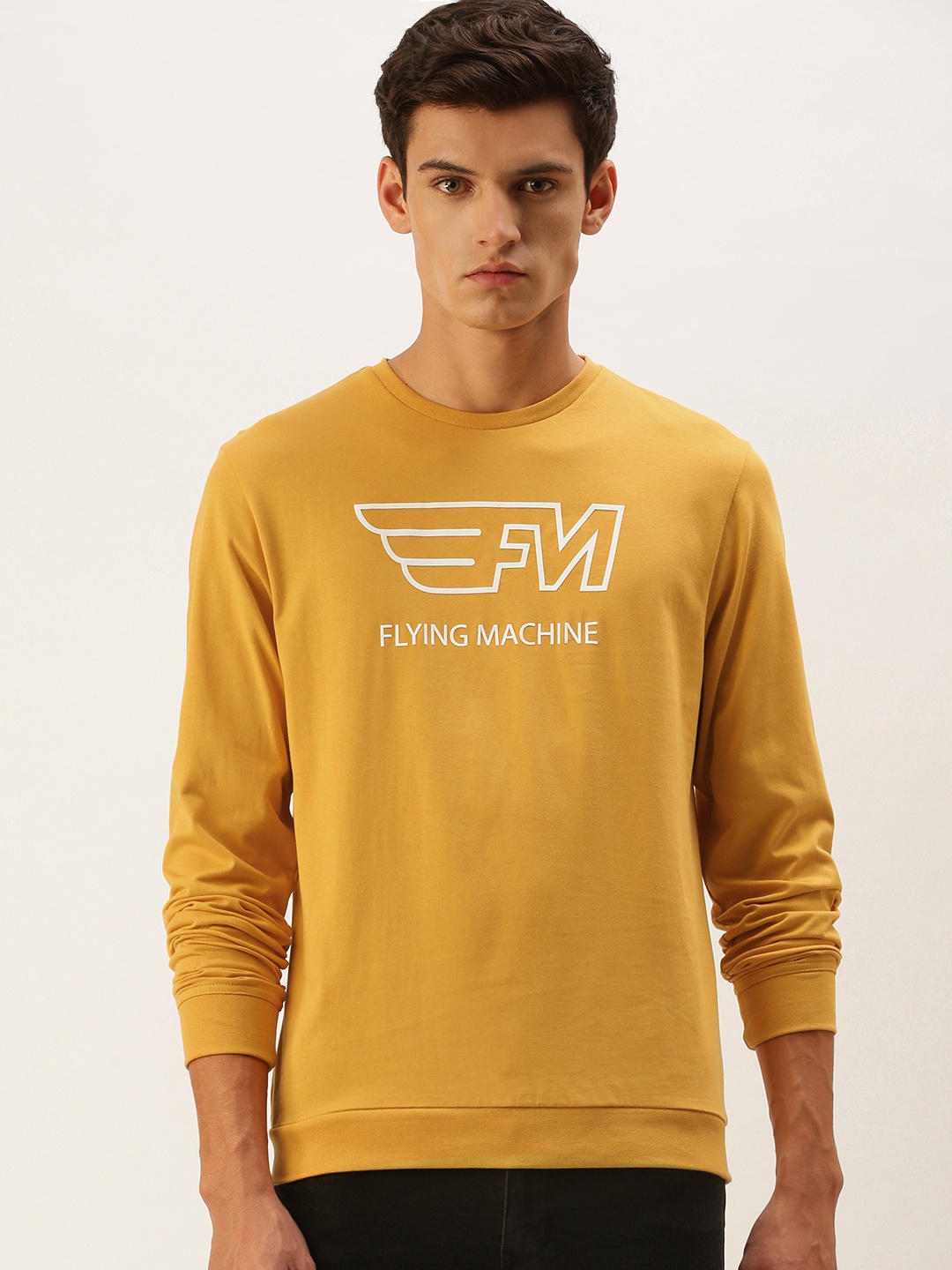 

Flying Machine Men Mustard Yellow Brand Logo Printed Pure Cotton Casual T-shirt
