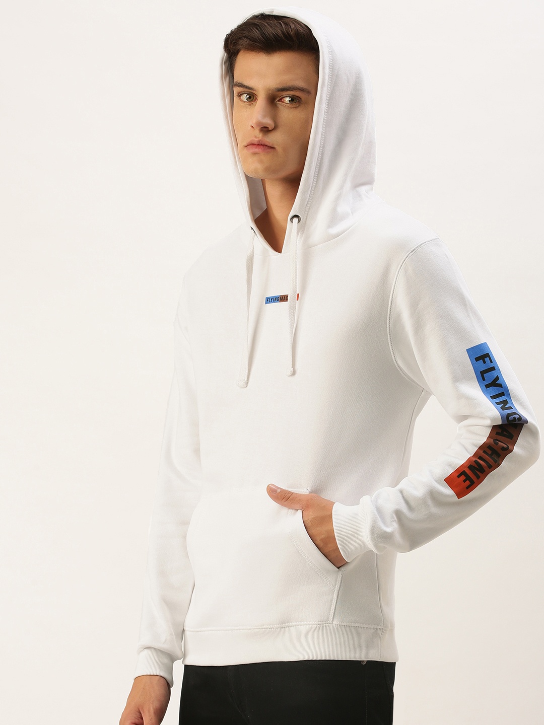 

Flying Machine Men White Solid Hooded Sweatshirt