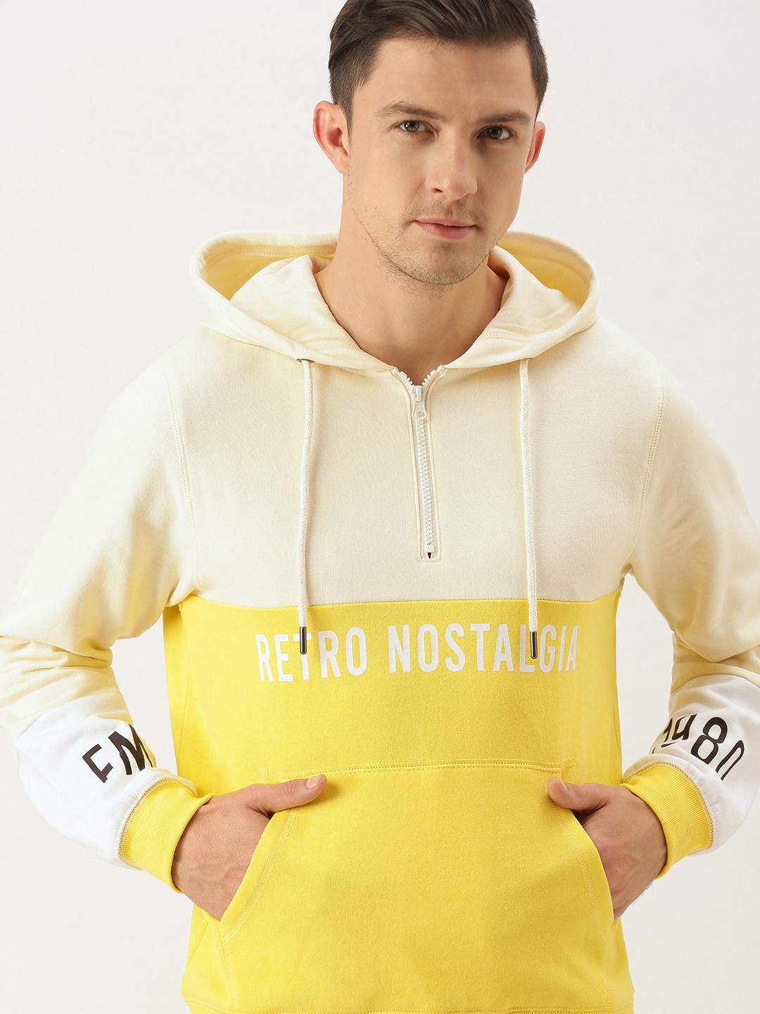 

Flying Machine Men Yellow & Off White Colourblocked Hooded Sweatshirt