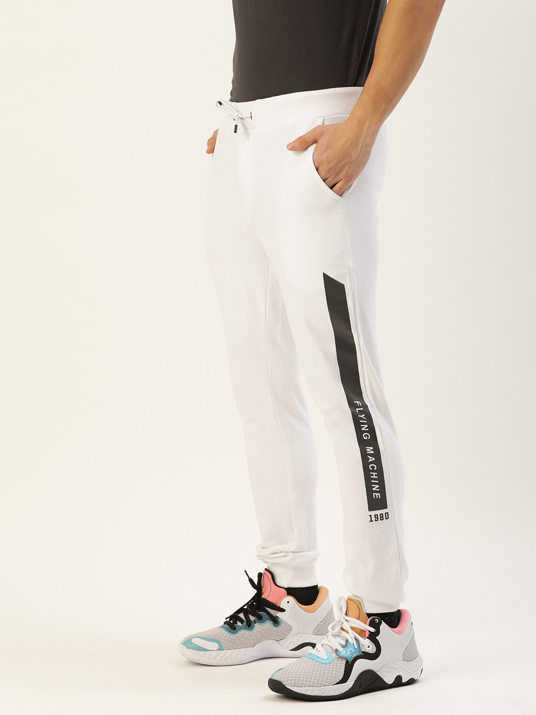 

Flying Machine Men White Brand Logo Printed Joggers