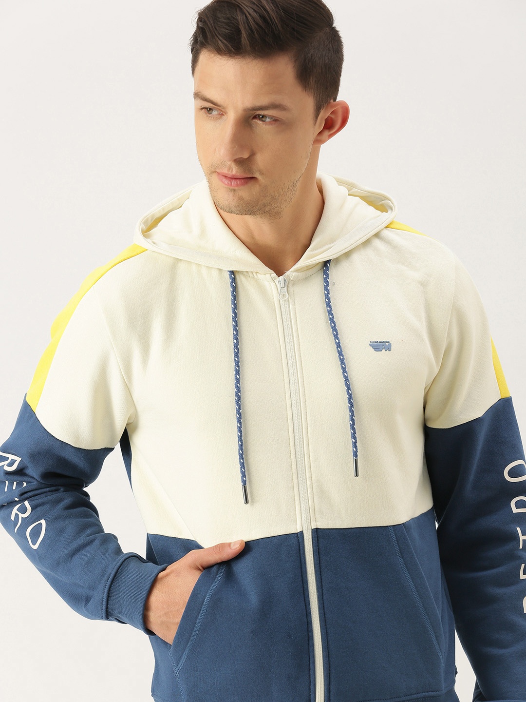 

Flying Machine Men Navy Blue And White Colourblocked Front-Open Hooded Sweatshirt