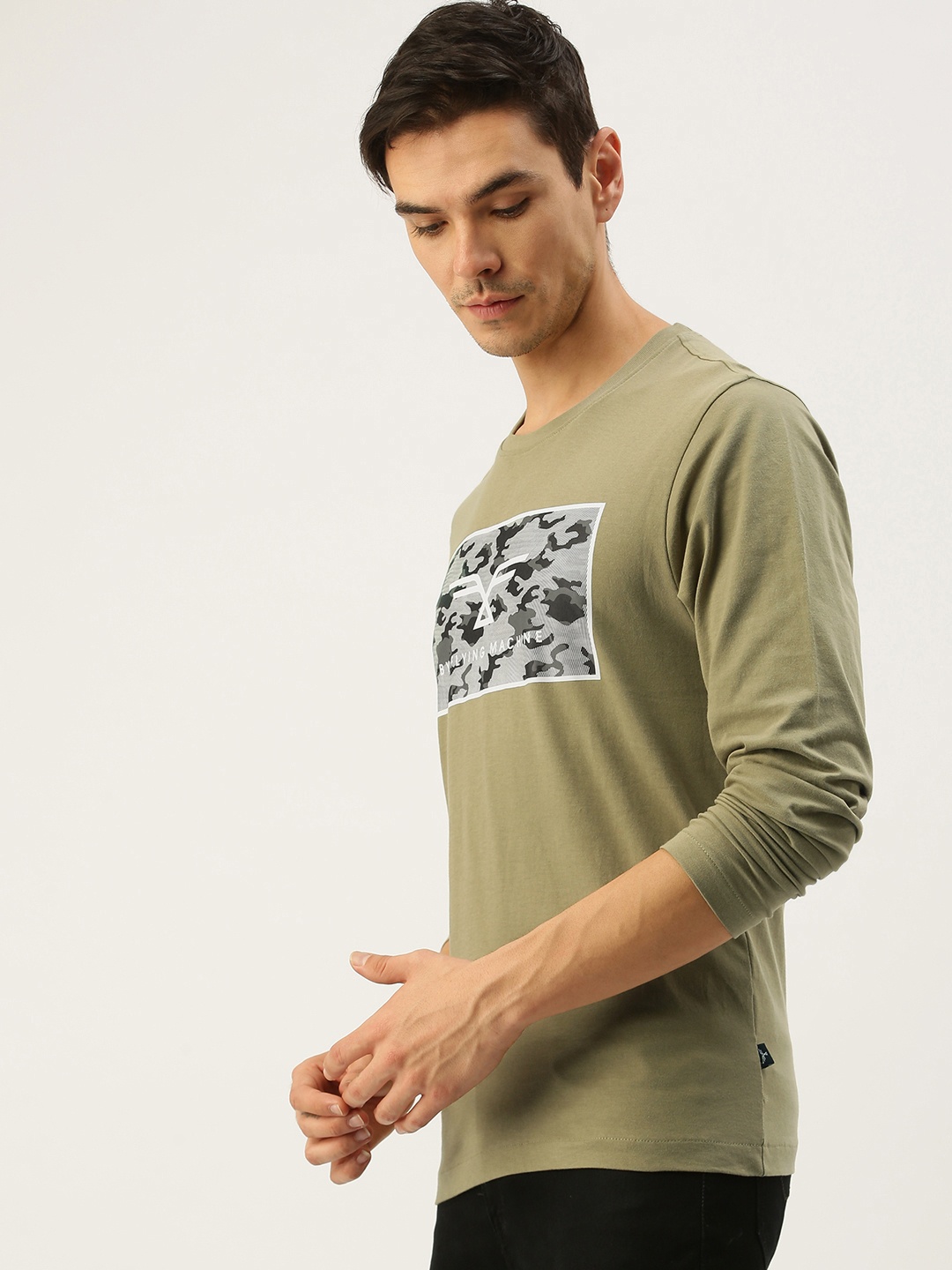 

Flying Machine Men Olive Green Brand Logo Printed Pure Cotton T-shirt
