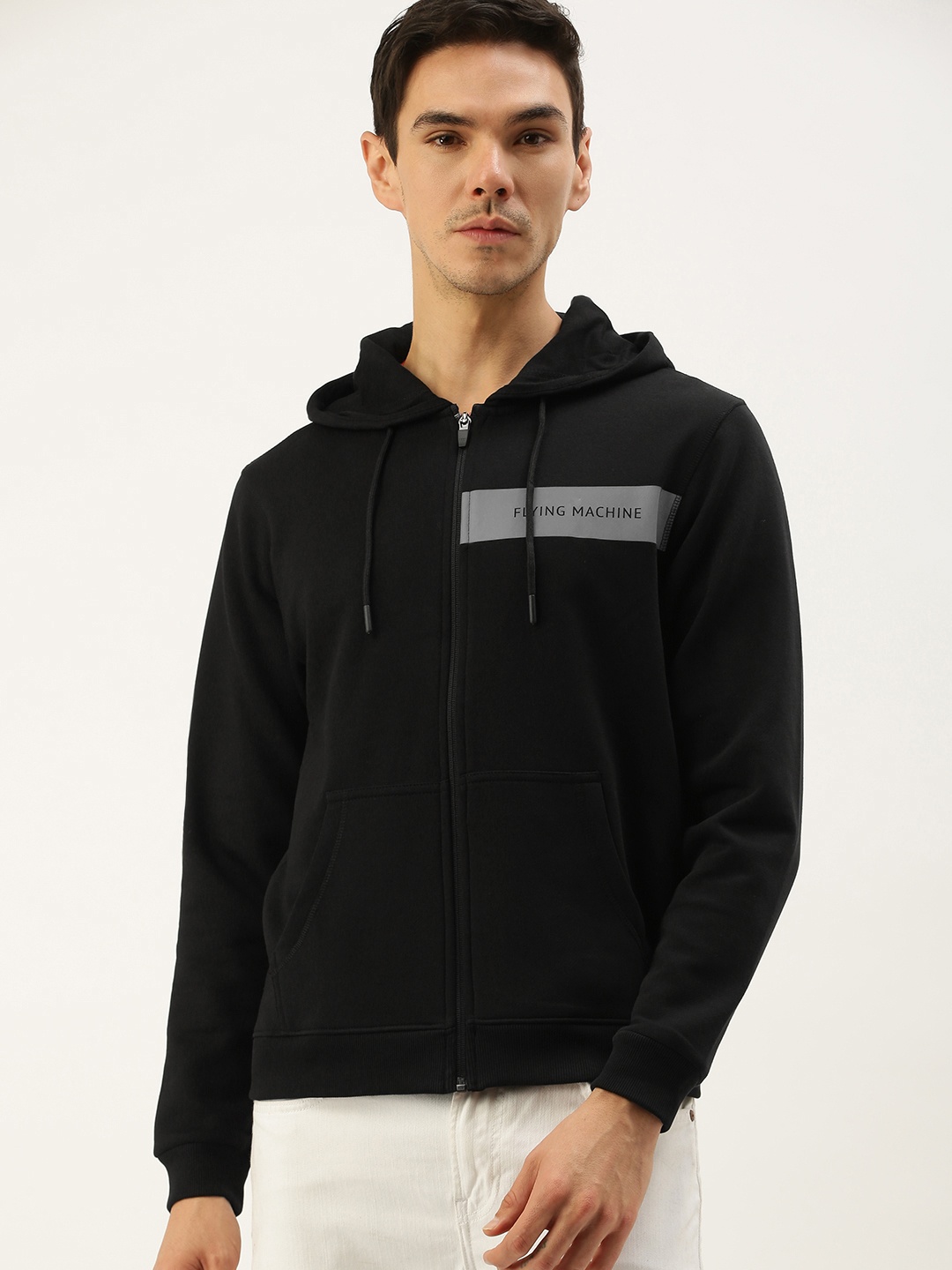 

Flying Machine Men Black Printed Hooded Sweatshirt