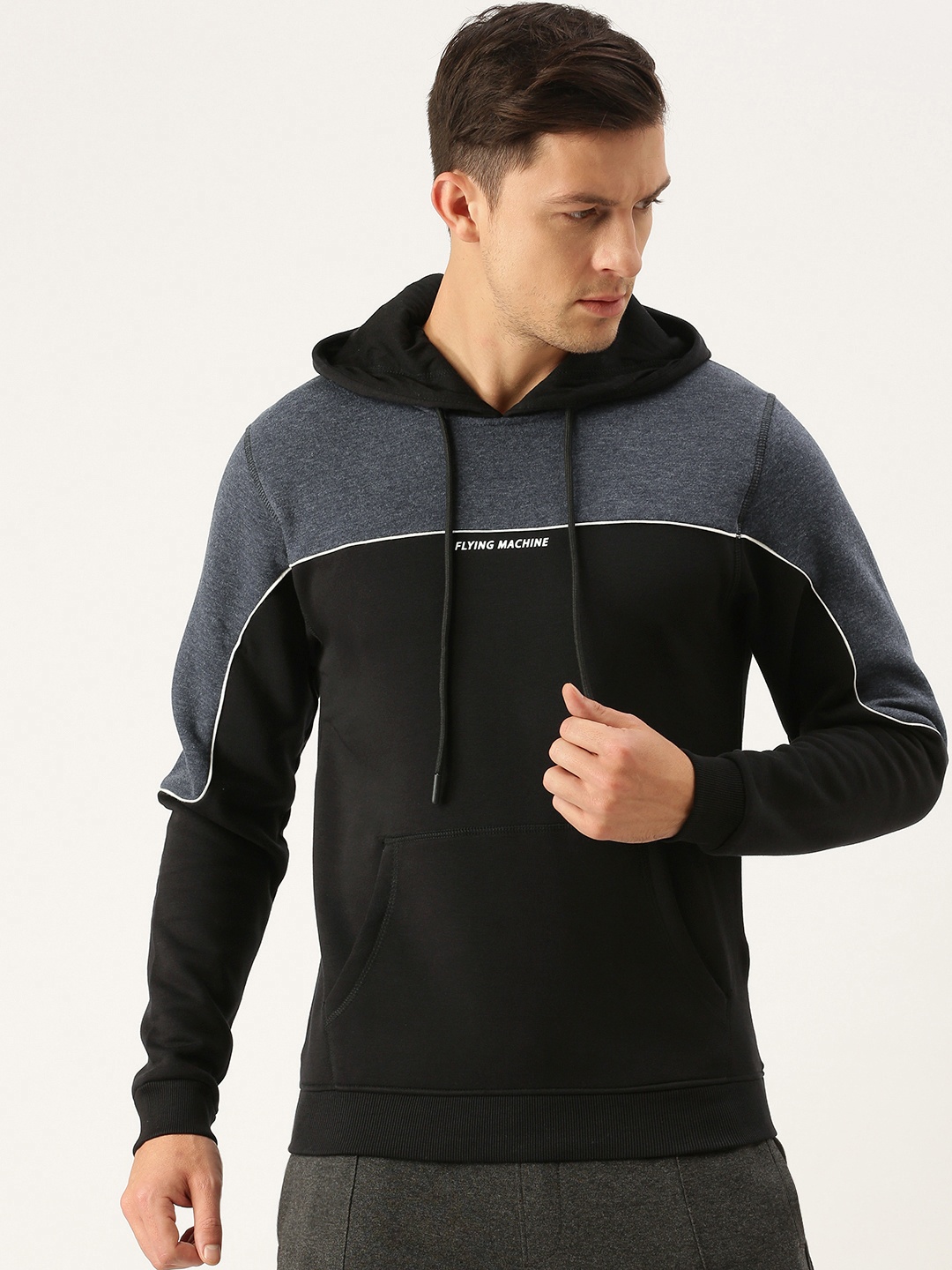 

Flying Machine Men Black & Navy Blue Colourblocked Hooded Sweatshirt
