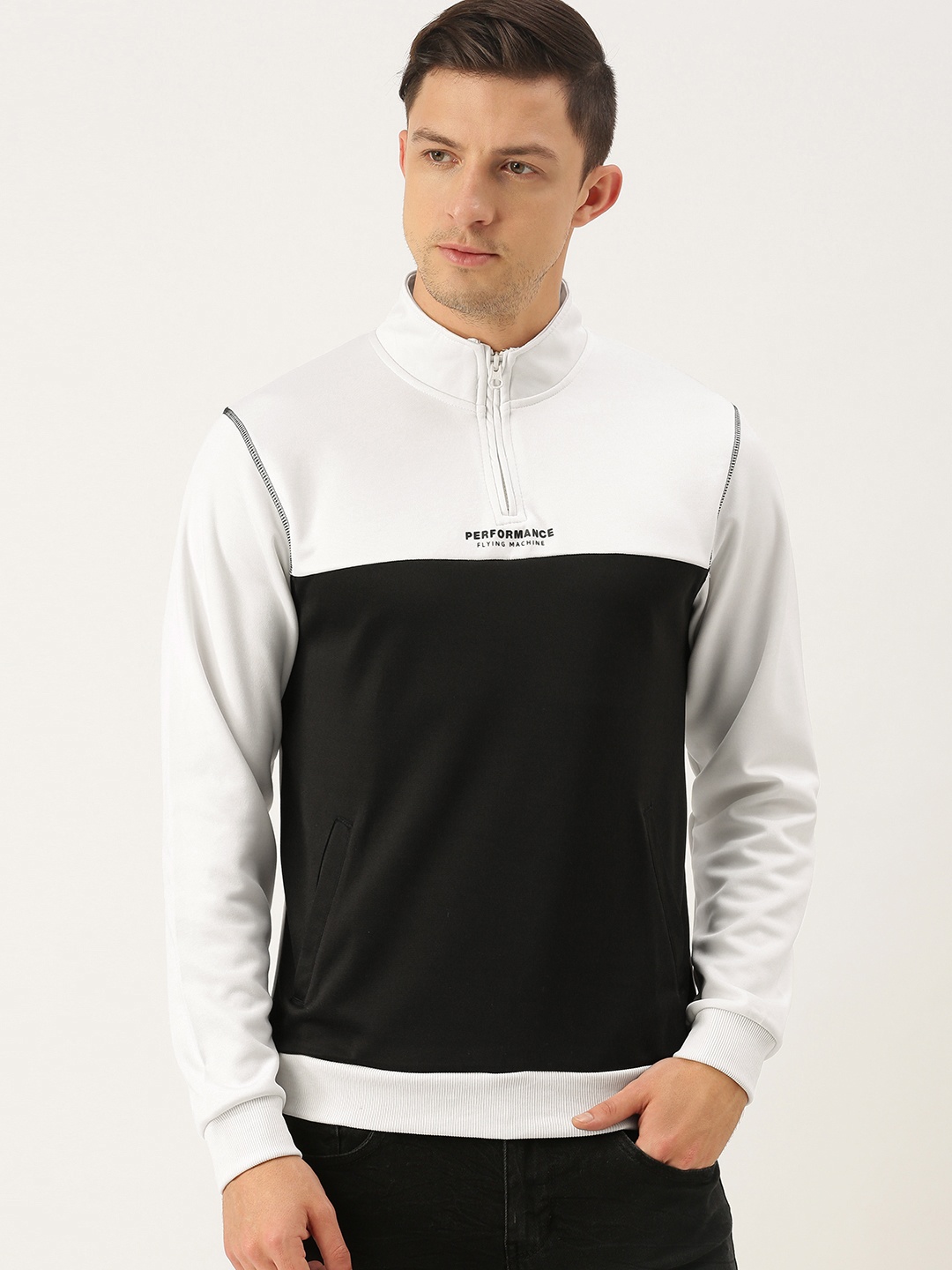 

Flying Machine Men White & Black Colourblocked Sweatshirt