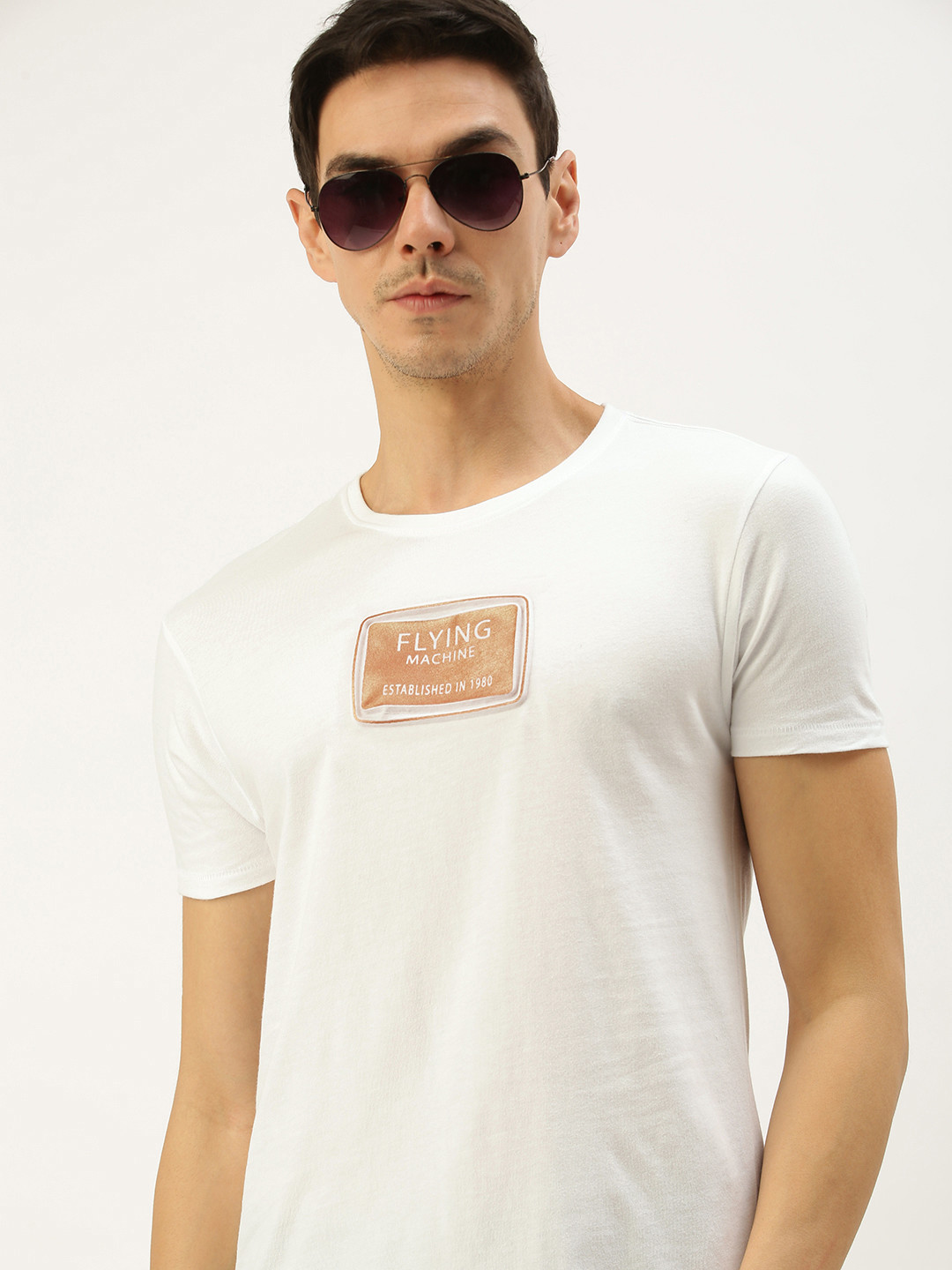 

Flying Machine Men White Brand Logo Printed Pure Cotton T-shirt