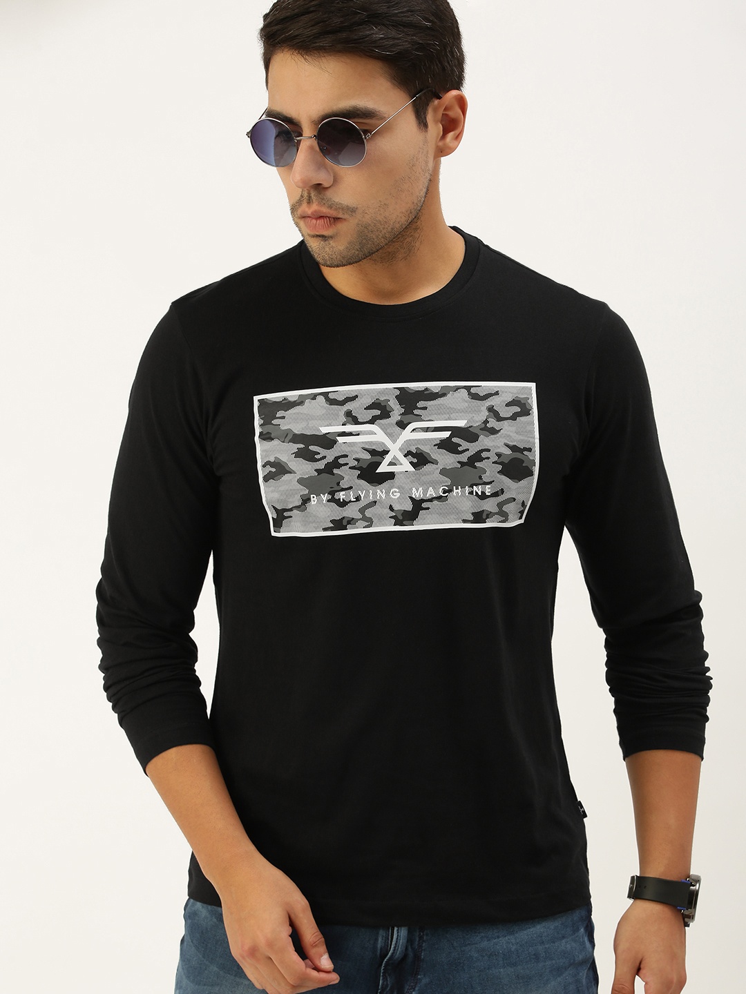 

Flying Machine Men Black Printed Round Neck Pure Cotton T-shirt
