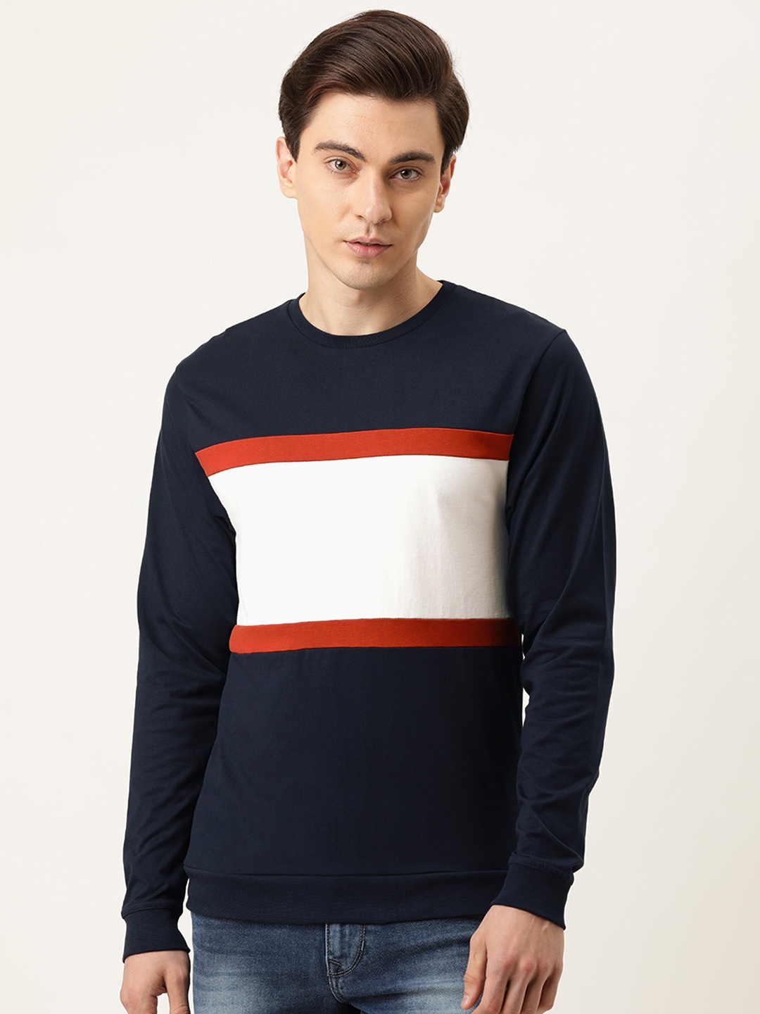 

Flying Machine Men Navy Blue & White Colourblocked Round Neck Pure Cotton T-shirt