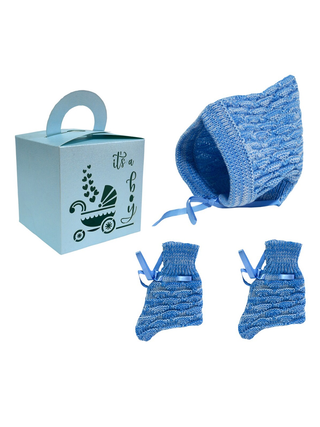

Little Angels Infants Boys Blue & White Self-Design Caps & Socks Gift Set