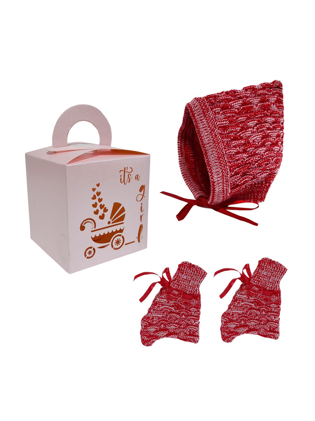 

Little Angels Infants Boys Red & White Self-Design Caps & Socks Gift Set