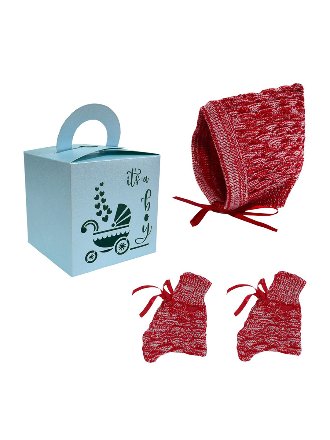 

Little Angels Infants Boys Red & White Self-Design Caps & Socks Gift Set