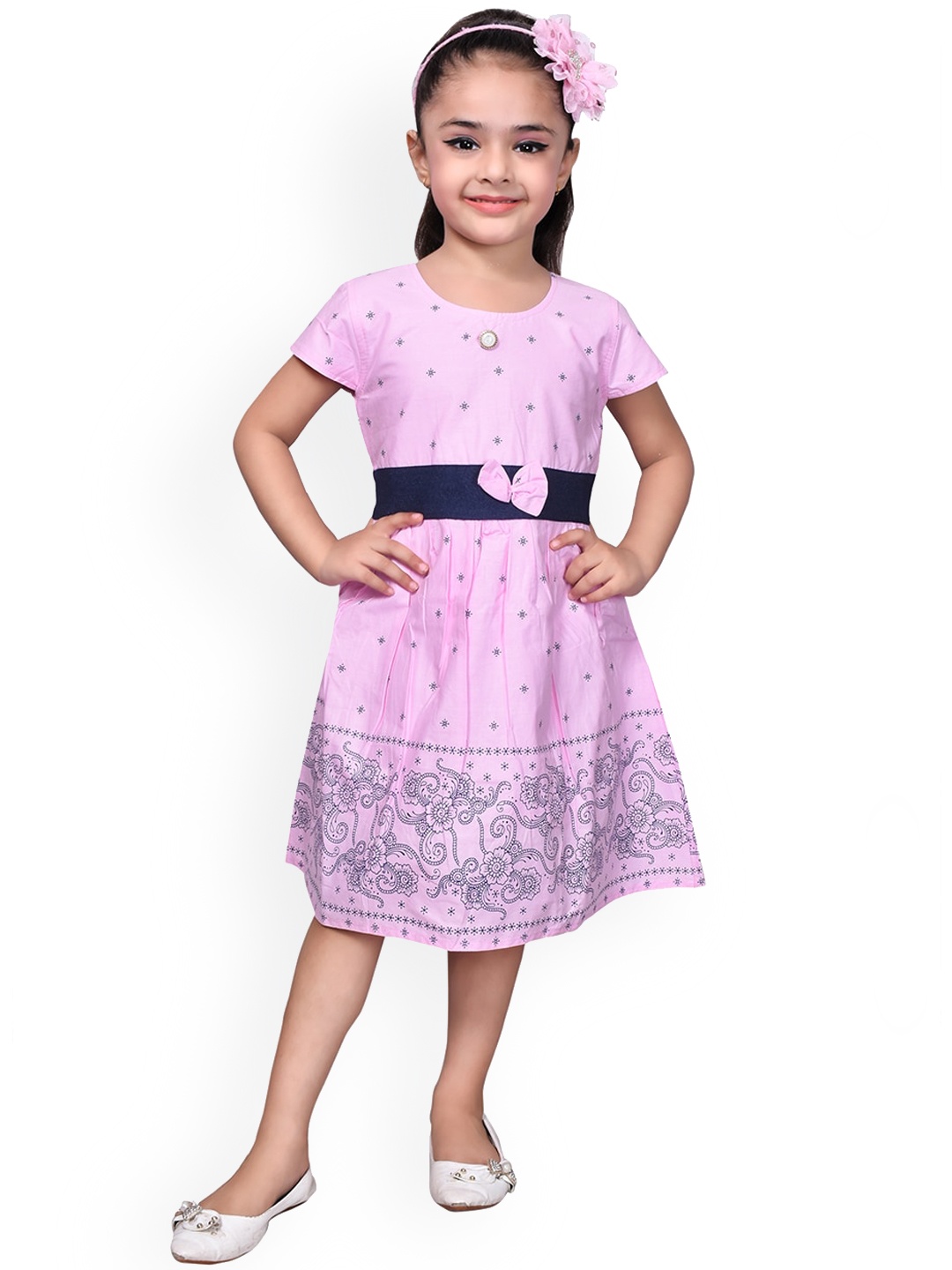 

SKY HEIGHTS Girls Pink & Black Printed Cotton Dress