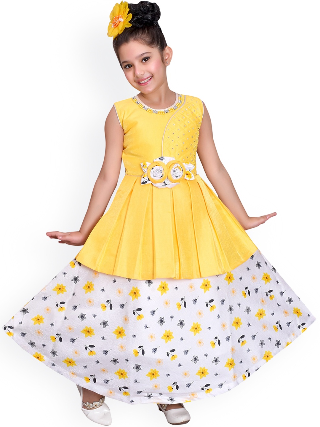 

SKY HEIGHTS Yellow & White Floral Satin Maxi Dress