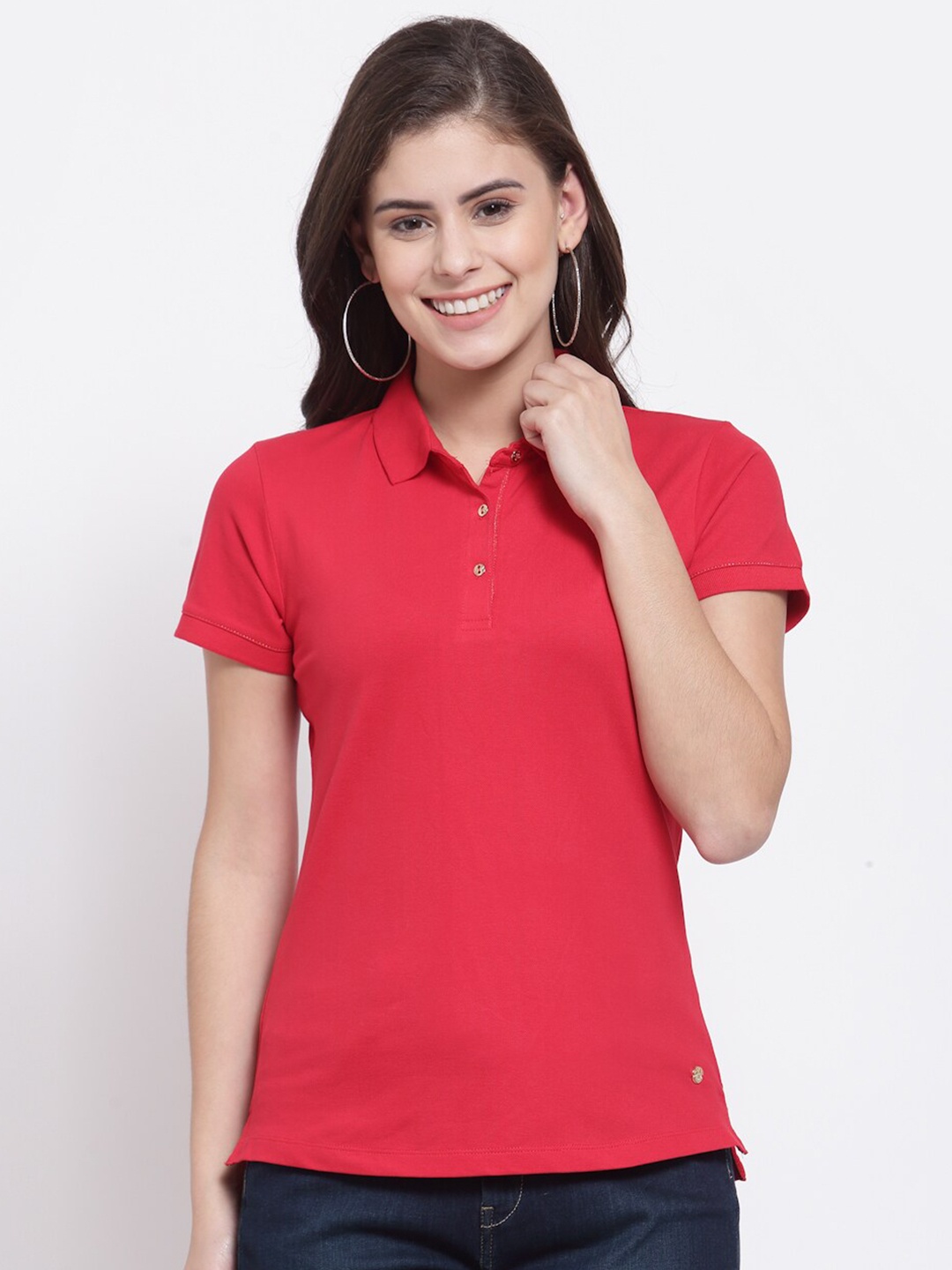 

Juelle Women Red Polo Collar Pockets T-shirt