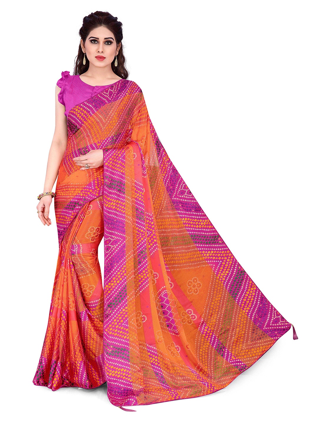 

MIRCHI FASHION Orange & Magenta Bandhani Saree